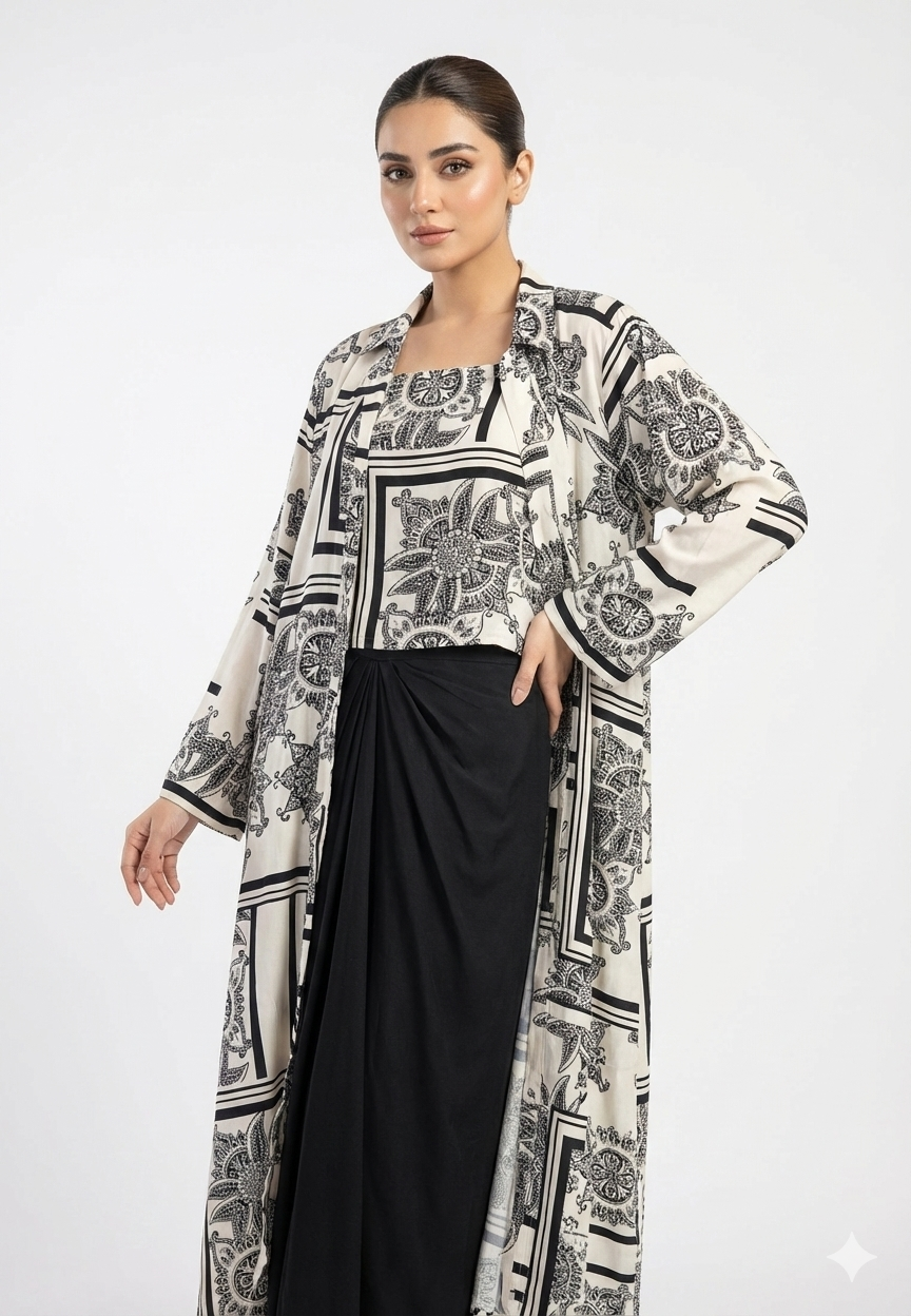 Umbrella cut long coat with black k draping skirt