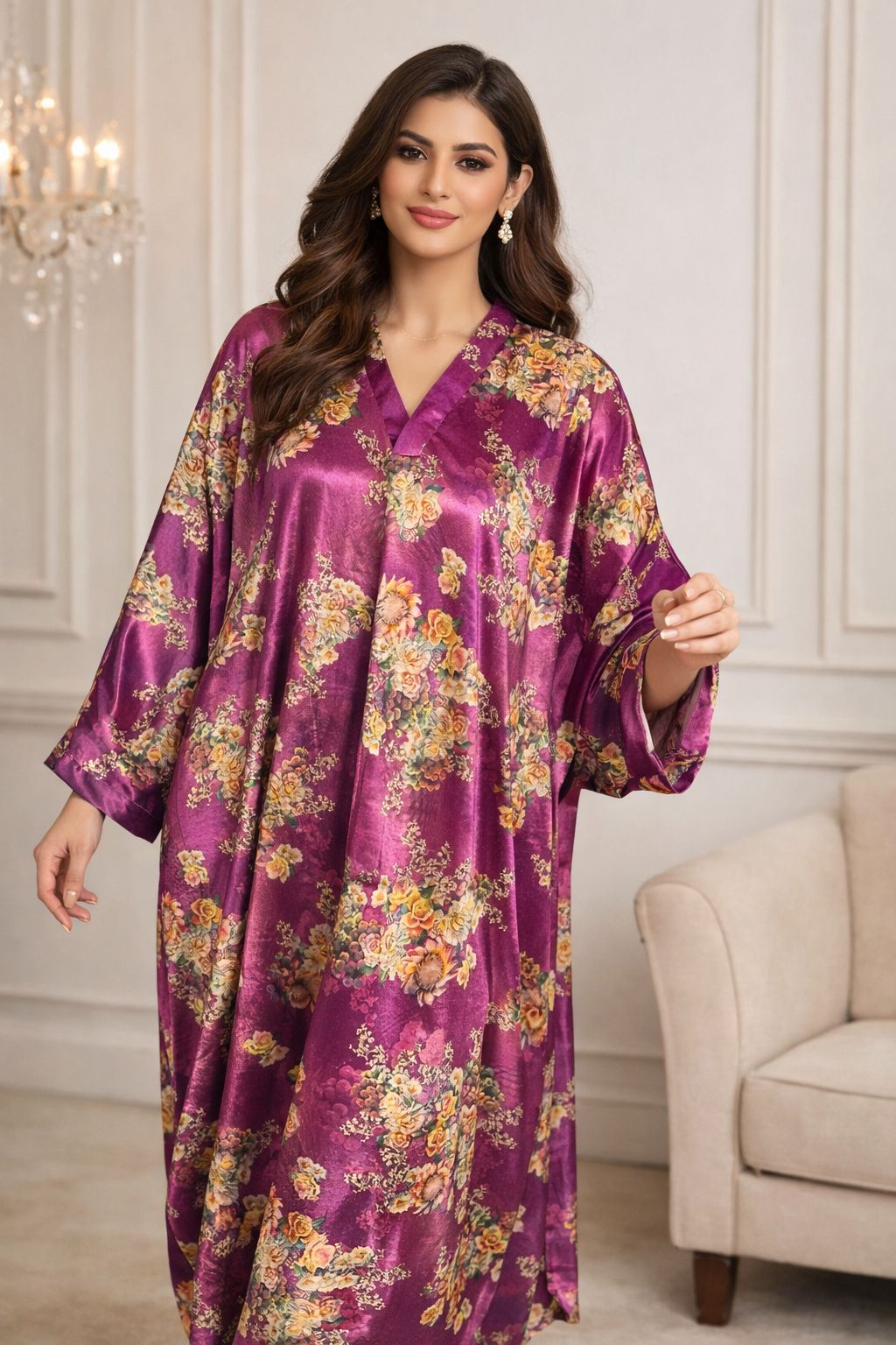 Silky Velvet floral satin kaftan
