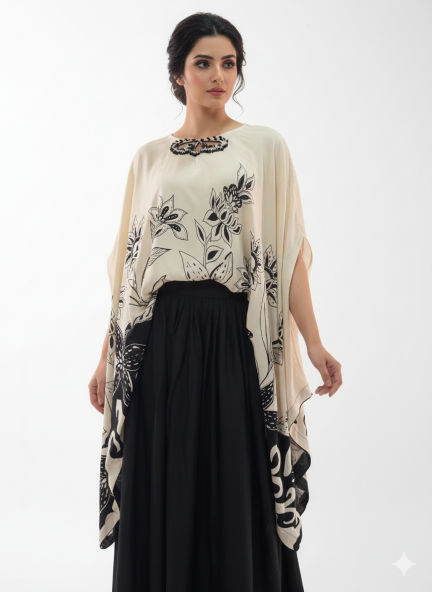 Butterfly Kaftani poncho with black skirt