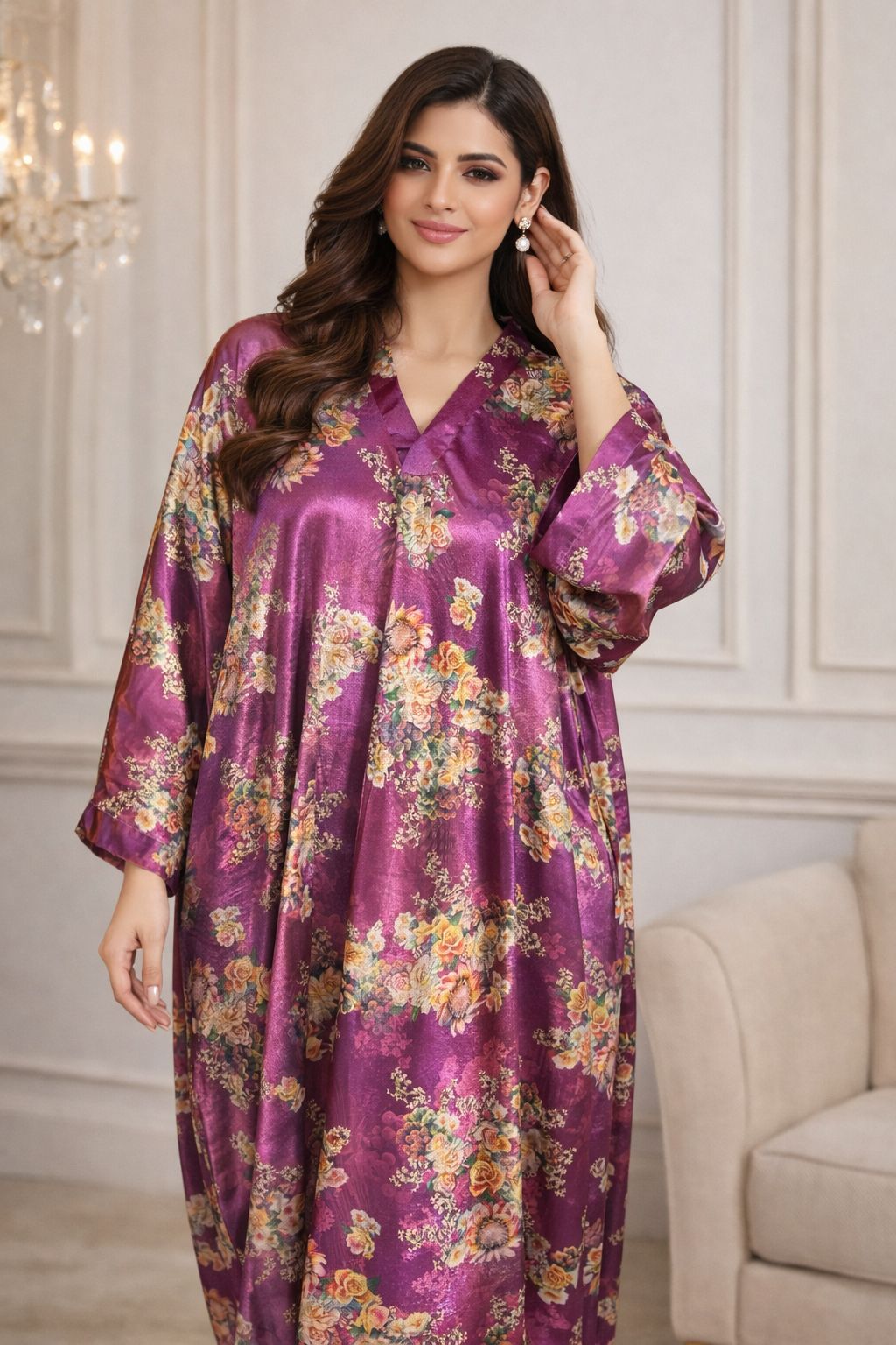 Silky Velvet floral satin kaftan